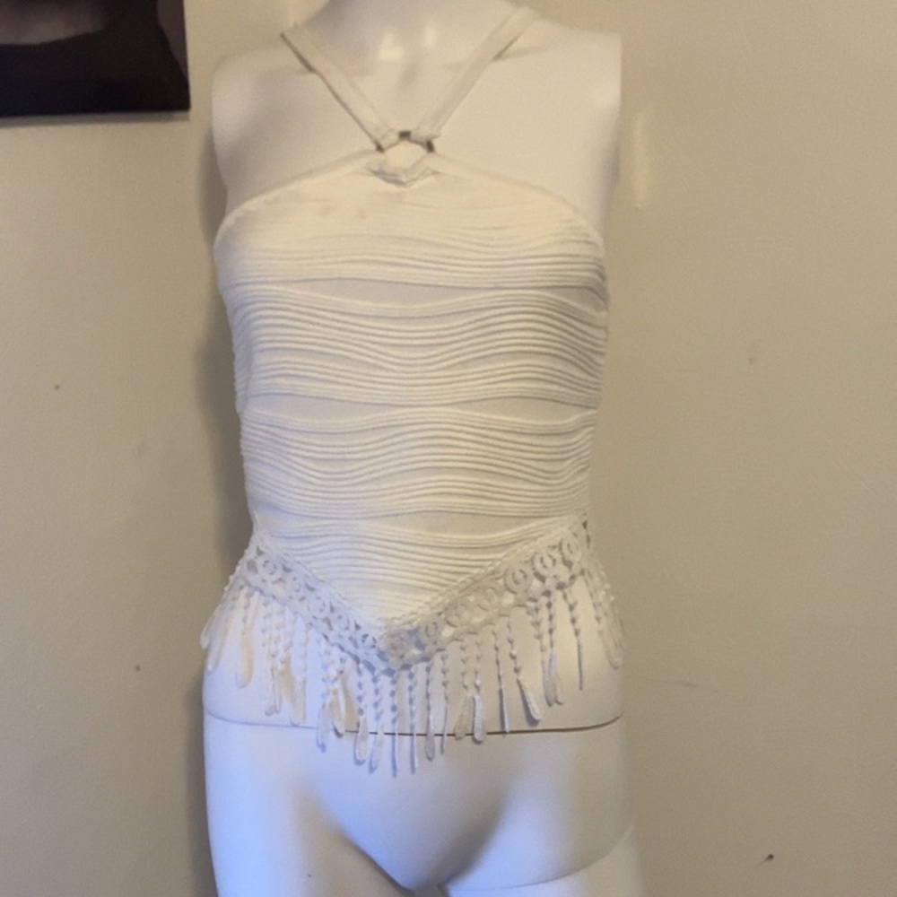 White Textured Fringe Halter Crop Top